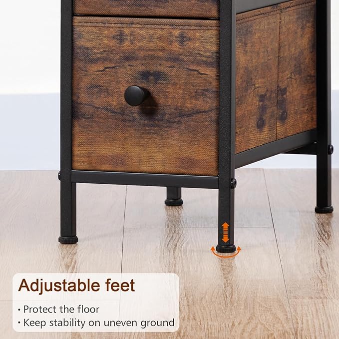 Narrow Nightstand with Charging Station, End Tables Living Room Set of 2, Skinny Side Table with Fabric Drawers, Slim Sofa Table for Bedroom, Small Spaces, Couch, Rustic Brown, HETNDP02PBR