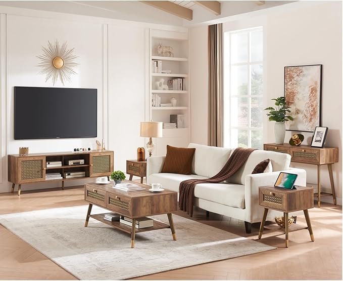 Mid Century Modern End Table for Living Room, Rustic Oak Small Side Tables with Charging Station, Outlets and USB Ports, Wood Nightstand with Storage Drawer and Open Shelf