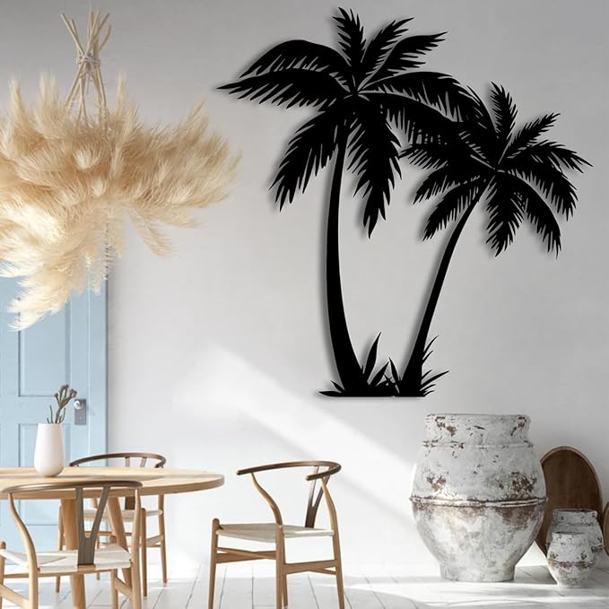 Palm Tree Metal Wall Decor,Palm Tree Outdoor Wall Art,Tropical Palm Tree Wall Decorations for Living Room,Outdoor Wall Decorations for House(80×77 cm/31"×30" in, White)