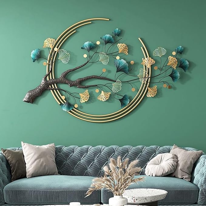 Futyli Large Metal Art Wall Decor - 3D Ginkgo Leaf Wall Art, 36.6" Vertical, Unique Gold for Bedroom & Dining Room Decoration