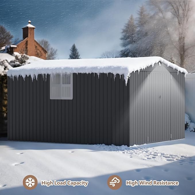 10x12 FT Outdoor Storage Shed, Metal Garden Shed - Tool Storage Sheds with Lockable Doors & 1 Clear Window, Waterproof Outside Storage Building for Backyard, Patio (Black; Floor Not Included)