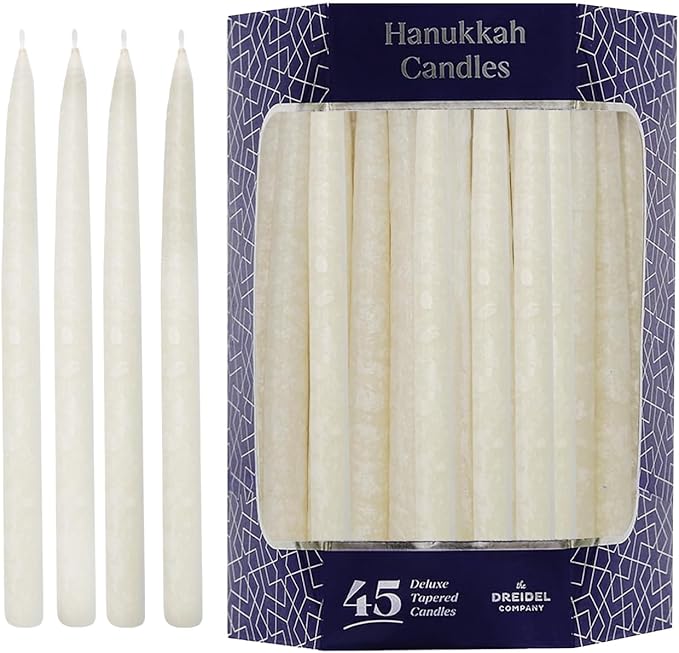 The Dreidel Company Frosted White Dripless Hanukkah Candles, (10-Pack) Deluxe 45 Chanukah Candles Decorative Box