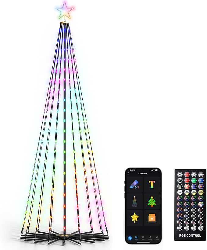Christmas Cone Tree Lights, 7.5ft 340 LEDs RGBIC Christmas Tree Lights with App Control, 100+ Scene Modes, Music Sync & Timer,IP67 Waterproof Outdoor String Lights for Christmas Decorations