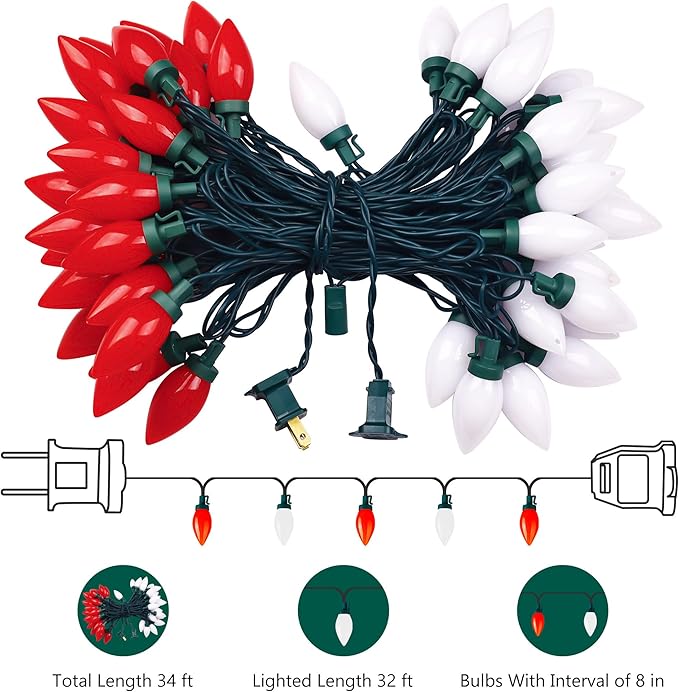 HAYATA Red&White C9 Big Bulbs Classic Christmas Lights 50 LED 32ft Strawberry Light - Waterproof Green Wire Fairy Lights, for Indoor Outdoor Home Yard Xmas Tree Decorations (Red White - 50LED)