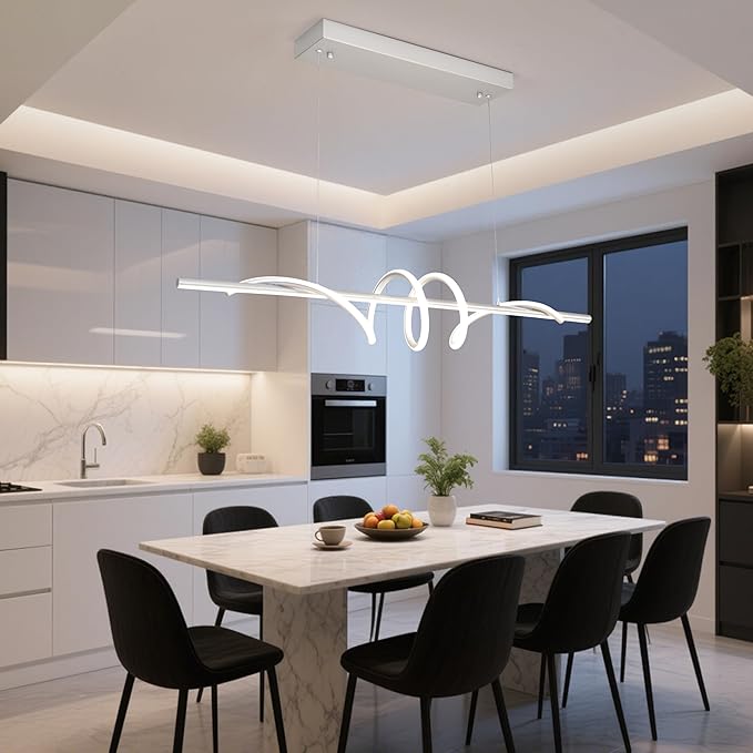 Modern LED Pendant Light, 39.37in Silver Chandelier Dimmable,3000K-6000K Adjustable Color Temperature, Aluminum Modern Kitchen Light Fixture for Dining Room