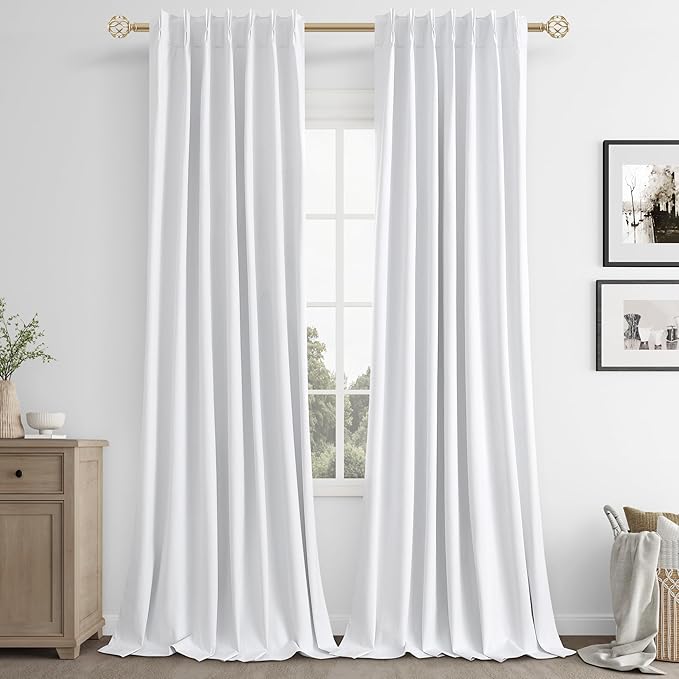 Joywell 100% Blackout Linen Curtains 102 Inch Long,Pinch Pleated Back Tab Drapes with Hooks Room Darkening Thermal Insulated Noise Reducing for Bedroom Living Room,W40 x L102,White,2 Panels