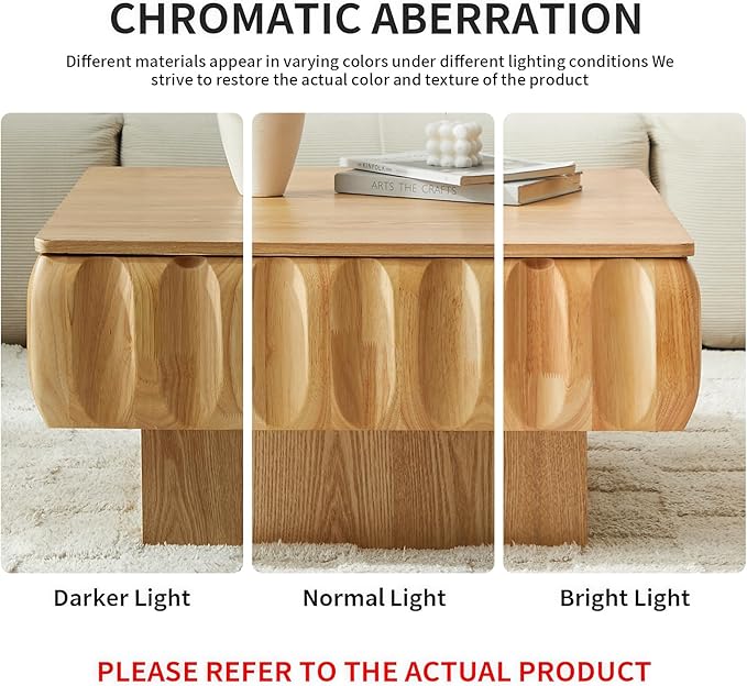 LKTART 31" Lift Top Coffee Table for Living Room, Fluted Coffee Table with Hidden Storage, Mid Century Modern Solid Wood Veneer Square Center Table for Office Apartment Small Space, Natural