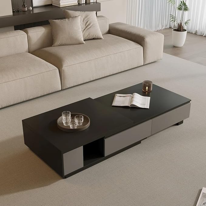 66.14 Inch Coffee Table, Modern Retractable Storage Coffee Table, Rectangular Living Room Table with 4 Drawers Storage for Living Room, Home Office, Black Grey