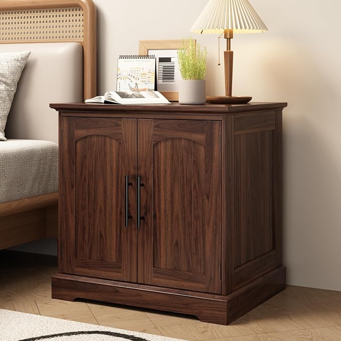 Set of 2 Rustic End Table with Charging Station, 24" Large Sofa Side Table with 2 Arched Doors, Farmhouse Wood Square Nightstand Bedside Tables with Adjustable Storage Shelf
