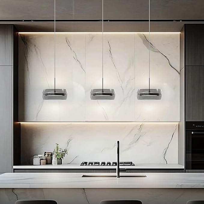 Pendant Lights Kitchen Island Dual-Sided LED Lighting, Adjustable Hanging Length, Smoked Glass Shade, Dimmable, Modern Ceiling Light Fixture for Dining Room, Bar, Living Room, Chrome Silver