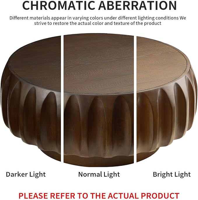 LKTART 31.5" Round Coffee Table Drum Table Contemporary Wood Fluted Centry Table with Solid Wood Veneer for Living Room (Walnut)