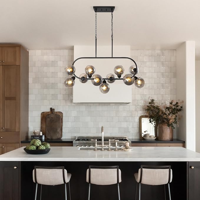 Black Chandelier for Dining Room Linear Island Lights for Kitchen 45'' Modern Large 11-Light Rectangular Chandeliers Over Island Farmhouse Glass Dining Room Pendant Light with Grey Glass Globe Shade