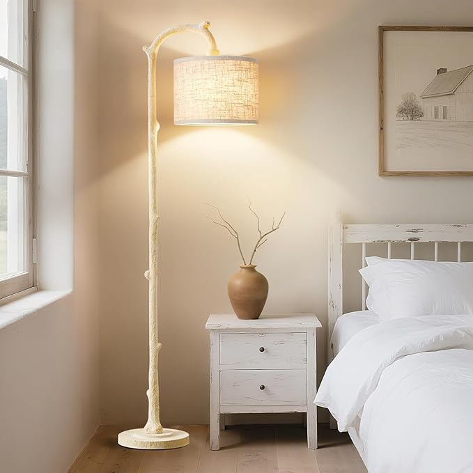 Floor Lamp for Living Room - 69" Rustic Farmhouse Tall Lamp with Adjustable Color Temperatures- Country Resin Vintage Reading Light Standing Lamps for Bedroom Office Home Decor, Almond White