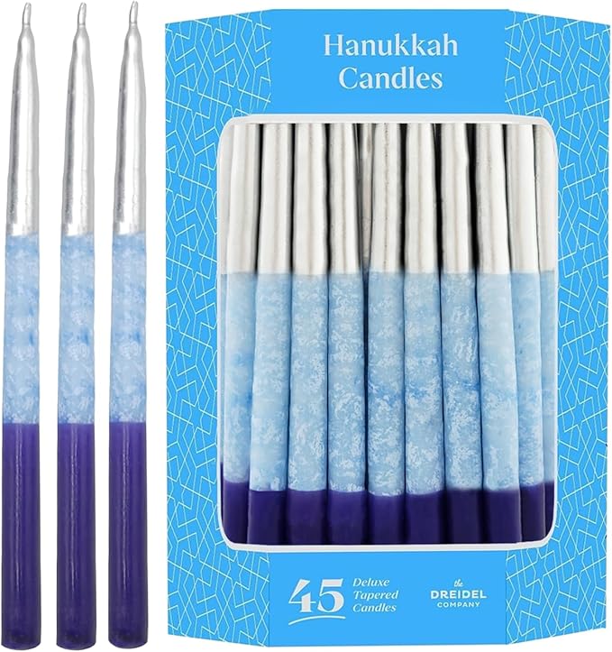 The Dreidel Company Dripless Blue, Purple Metallic Hanukkah Candles Premium Tapered Hand Decorated Chanuka Candles (10-Pack)