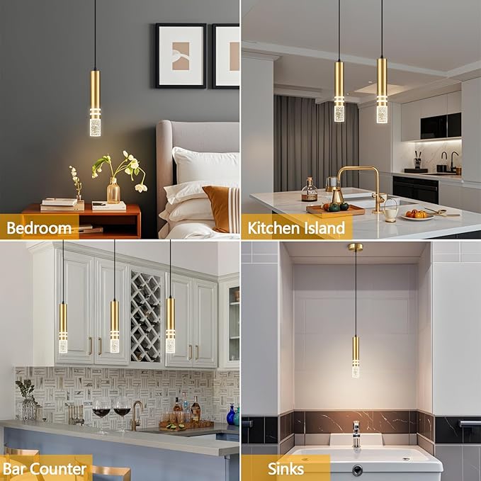 Pendant Lights Kitchen Island, Crystal Pendant Light Fixtures Mini 6W LED Modern Kitchen Pendant Lighting Over Sink and Living Room and Bedroom (Gold 3 Pack)
