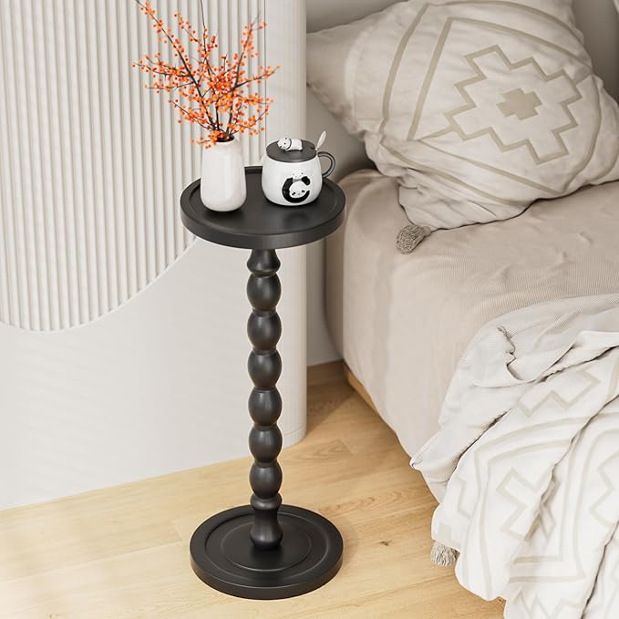 Rubber Wood Small Side Table, Solid Wood Round End Tables for Small Spaces, Martini Tables, Pedestal Drink Table for Living Room, Bedroom, Corners, and Office (Black, 9.4inch)