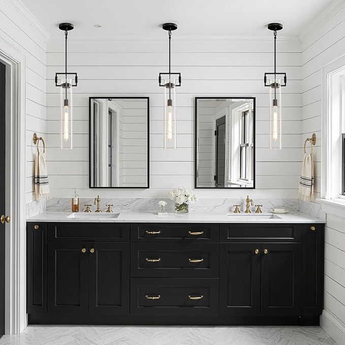 Matte Black Glass Pendant Light: Modern Knurled Brass Pendant Lights Kitchen Island - Contemporary Hanging Light Fixtures with Long Tube - Cylinder Pendants Lighting over Table for Kitchen Bathroom
