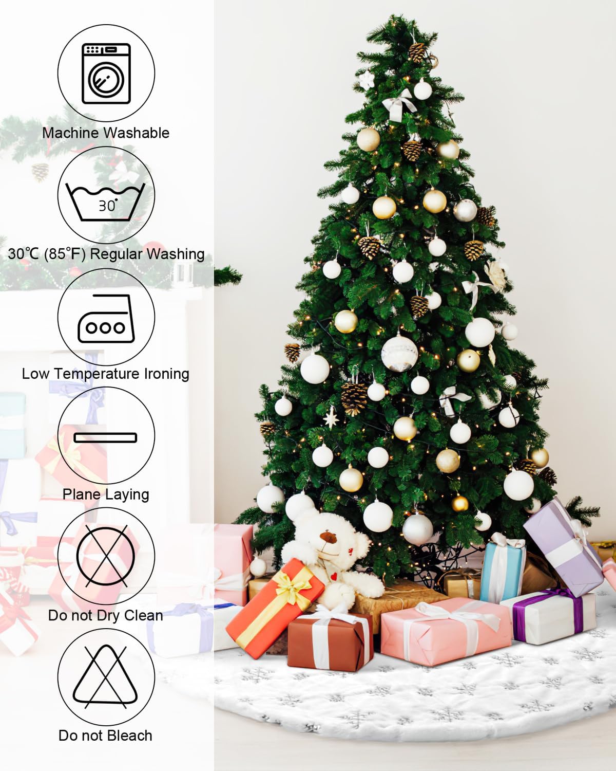 COOLWUFAN 36 Inches Christmas Tree Skirt for Xmas Tree Holiday Party Decorations White Plush Silver Sequin Snowflake (Silver)