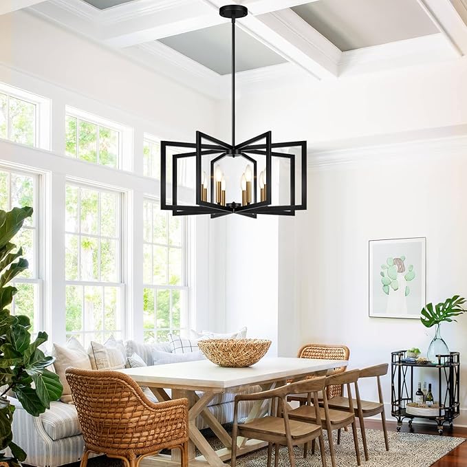 28" Modern Black and Gold No Assembly Required Chandelier for Dining Room, Black and Gold Dining Room Light Fixture Over Table, Industrial Metal Hanging Pendant Light for Kitchen Island, Entryway