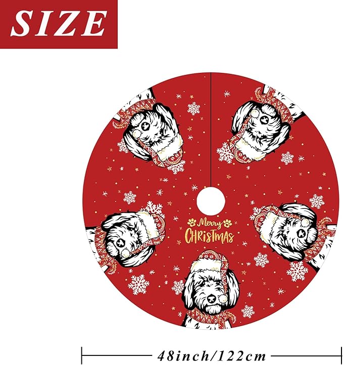 Christmas Tree Skirt Red Tree Skirt Golden Doodle Xmas Winter Tree Skirt 48 Inch for Dog Christmas Indoor Outdoor Decorations