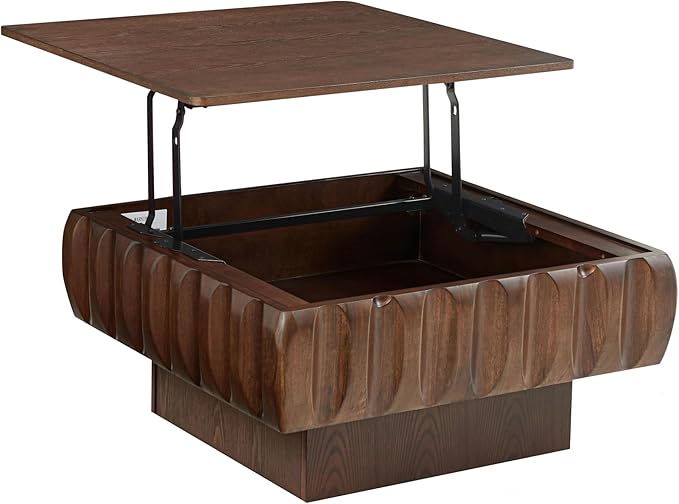 31.1" Square Lift-Top Coffee Table, Modern Fluted Tea Table with Hidden Storage for Living Room, Apartment or Office, Walnut