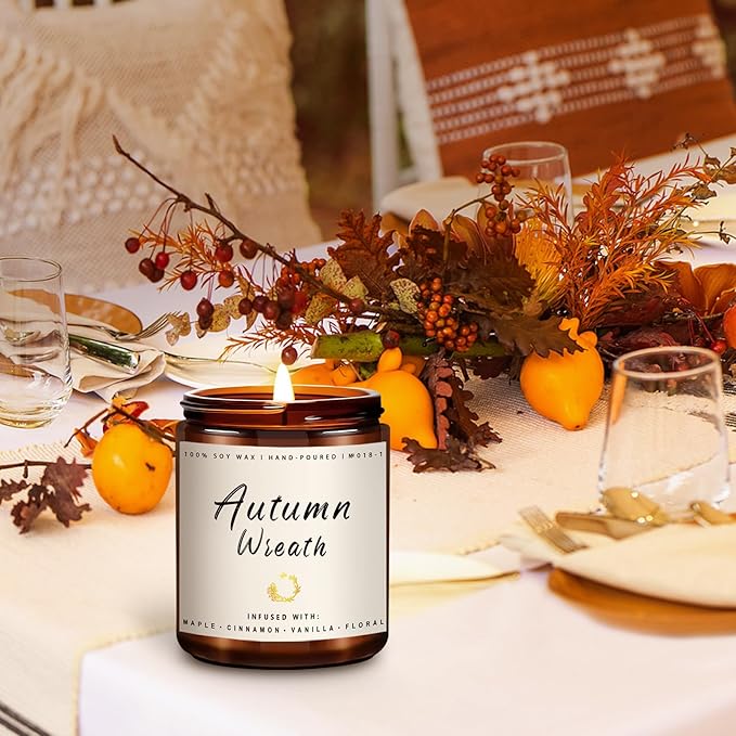 Auelife Fall Candle, Autumn Wreath Scented Soy Candles for Home, Aromatherapy Candle Gift Set for Women & Men, Cozy Fall Dรฉcor, 7oz โ Perfect for Autumn Relaxation and Home Ambiance