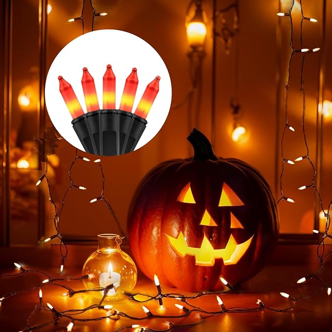 Orange Christmas Lights Mini String Lights– 100 Count Incandescent, 26.5ft Black Wire, UL Listed Connectable Pumpkin Lights for Porch, Patio, Fall Decor