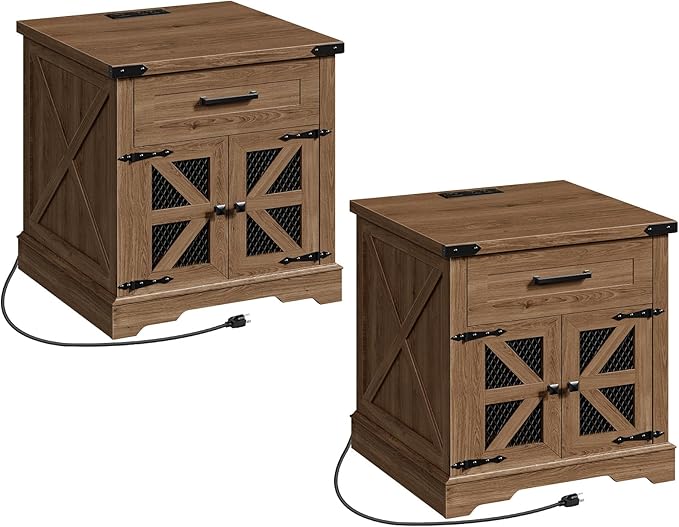 Farmhouse End Table Set of 2, 24" Large Sofa Side Table with Drawer, Large End Table for Living Room, Wooden Nightstand with Charging Station, Square, Walnut