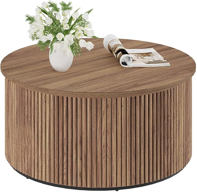 FATORRI Round Coffee Table, Fluted Woodern Center Table, Mid-Century Modern Coffee Tables for Small Space, Living Room, Bedroom (31.5 Inch, Walnut)