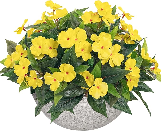Artificial Impatiens Bouquet Flowers for Outdoors Silk Faux Flowers for Outdoor Impatiens Plants Decor Indoor Planters Kitchen Planters and Balcony Decorations 2PCS(Yellow )