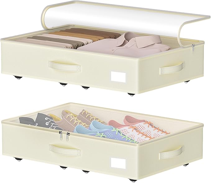 Under Bed Storage with Wheels, No Assemble Required 5.5 inches height beige under bed storage bins,Low Profile Rolling Under bed Shoe Storage containers,dorm under bed storage drawers