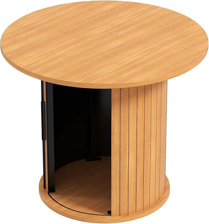 COSVALVE Round Wood Coffee Table 23.6IN with Hidden Storage & Sliding Door, Circle Farmhouse Side Table Sets for Living Room, Bedroom, Balcony, Small Spaces, Natural