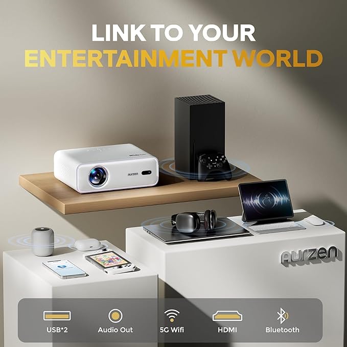 Aurzen EAZZE D1 Smart Projector with WiFi and Bluetooth, Christmas Gifts, Netflix-Officially-Licensed, Auto Focus & Keystone, DoIby Audio, Native 1080P Movie, Portable Outdoor Mini Projector, White