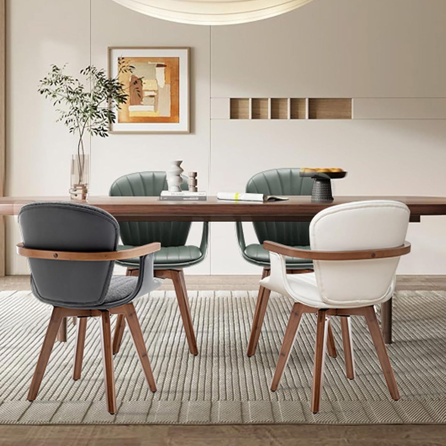 LUNLING Swivel Dining Chairs Set of 4, Mid Century Modern Green Faux Leather Kitchen Chairs with Arms,Bamboo Legs Side Chairs No Wheels,Accent Chair for Dining Rooms and Offices