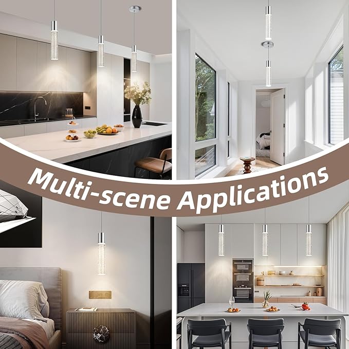 Pendant Lights Kitchen Island, 2700-6000K Modern Kitchen Island Lights,Brushed Nickel Dimmable Hanging Light Fixtures with Crystal Bubble, 12W LED Hanging Light for Dining Room, (1Pack)