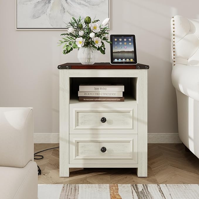 MUUEGM Farmhouse Nightstand with Charging Station, End Tables for Living Room, 18 Inch Bedside Table Side Table with Drawers and Storage Cabinet, Nightstand for Bedroom, White, Set of 1