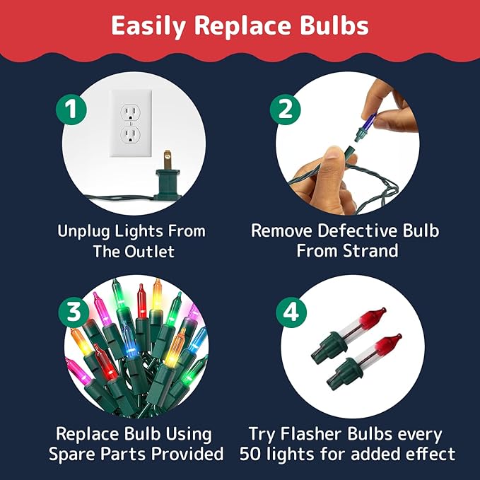 PREXTEX 50 Ct. Multi-Color Christmas Tree Lights with Green Wire - 10 Ft String Lights for Indoor and Outdoor Use - Multicolor Incandescent Christmas Tree Decoration with End-to-End Connectors