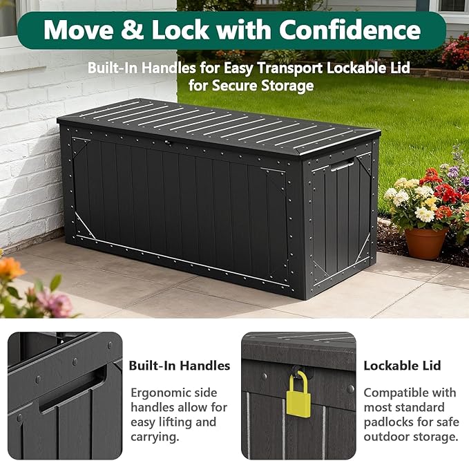100 Gallon Outdoor Storage Box, Lockable Resin Deck Box for Patio Cushions, Throw Pillows, Garden Tools, Weatherproof Large Outdoor Storage Bench for Yard, Porch, or Balcony