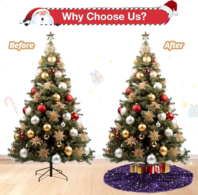 Purple Tree Skirt Christmas Tree Skirt 36 Inch Sequin Tree Skirts Glittery Velvet Tree Skirt Collar Round Santa Tree Skirts for Xmas Party Decoration Christmas Tree Ornaments