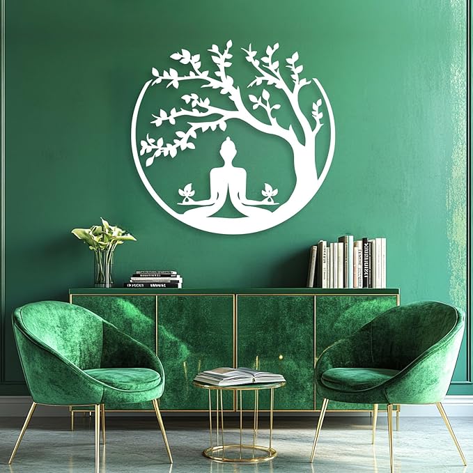 Buddha Tree of Life Metal Wall Decor, Metal Buddha Wall Art, Tree Metal Wall Decor, Tree of Life Wall Art, Zen Meditation Wall Art, Spiritual Wall Decor for Living Room, Home Decor (Gold, 28"x26" | 70x67cm)