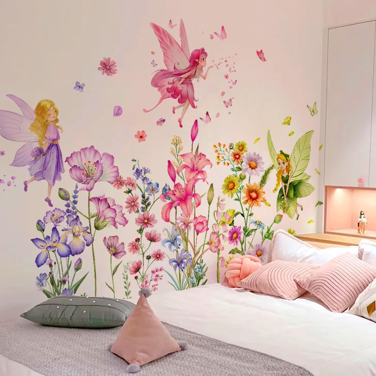 Set of 3 Sheets Size 40x12 Inch Spring Summer Window Cling Sticker Angels, Flowers, and Butterfly Window Stickers, Spring and Summer Decor, Wall, Window Glass Display Stickers (Fairy Theme)
