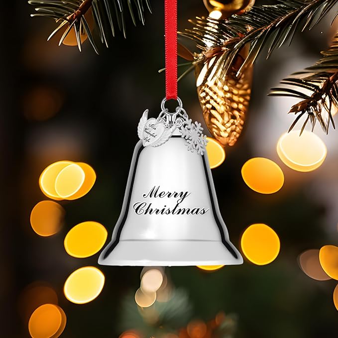 Styleonme Christmas Bell Ornament 2025 – Heart-Shaped Angel Wings with Snowflakes, Inspired by It's a Wonderful Life, Silver Holiday Decoration