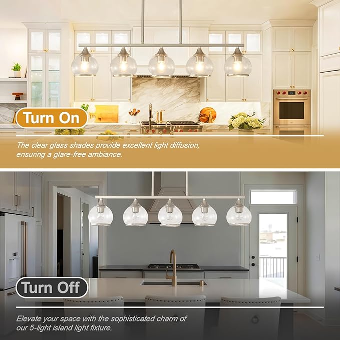 5 Light Round Linear Chandelier Nickel Modern Glass Hanging Light Minimalist Clear Kitchen Chandeliers Hight Adjustable for Dining Room Island Living Room (Nickel)