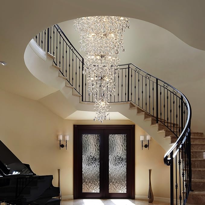 H63" Long Crystal Chandelier for High Ceiling, 28-Light Modern Silver Tree Branch Chandelier, Large Chandeliers for Staircase, Foyer, Entryway, Living Room, 5-Tier Luxury K9 Raindrop Light Fixture