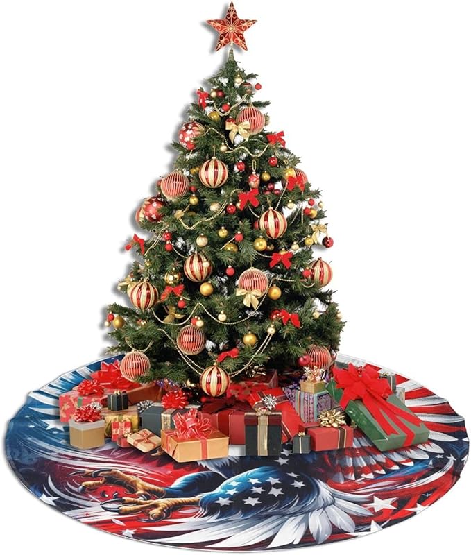 July 4th American Flag Patriotic USA New York Eagle Tree Skirt 48" Tree Mat for Christmas Xmasn Festive Party Yard Decorations Indoor Outdoor Ornaments