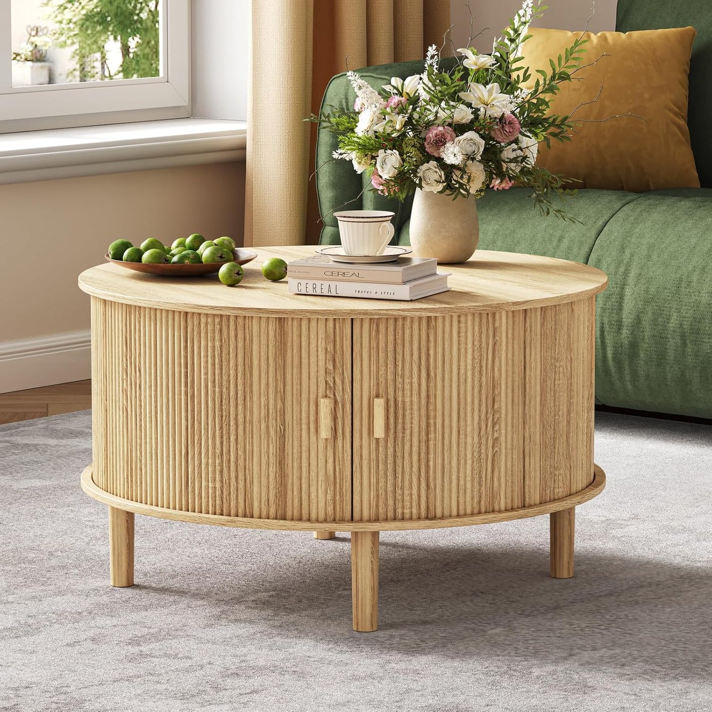 Coffee Table and TV Stand Set of 2, Round Center Table with Storage,Fluted Coffee Table with 360° Sliding Doors, 86.6" Entertainment Center for Bedroom, Living Room,Natural