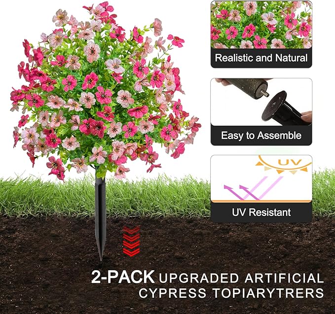 2Pcs 21" Artificial Boxwood Topiary Ball with Flowers Plants with Ground Spikes for Outdoor UV Resistant Realistic Fake Bushes Plants for Garden Yard Front Porch Patio Decor (Violet Pink Rose Red)