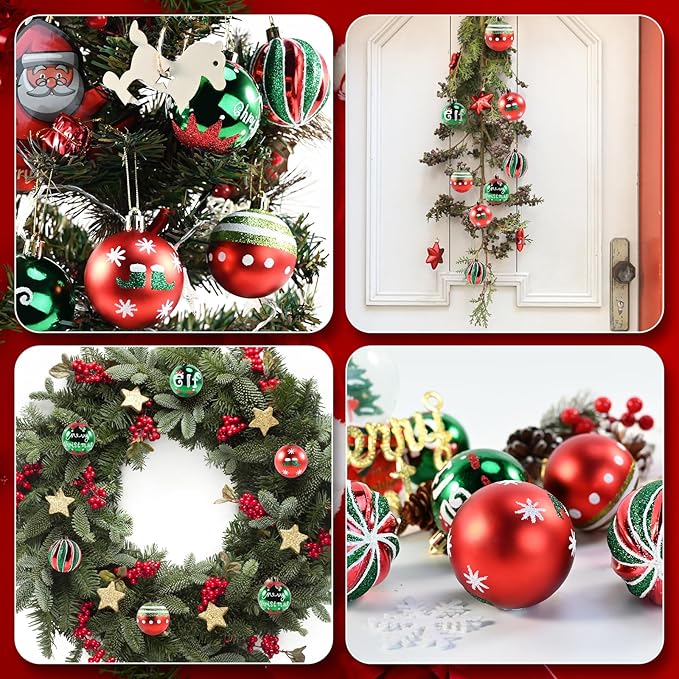 30PCS Christmas Ball Ornaments - 2.36 Inch Red Green Christmas Balls, Shatterproof Xmas Tree Hanging Ball Ornaments Decorations for Xmas Trees