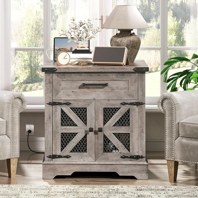 Farmhouse End Table Set of 2, 24" Large Sofa Side Table with Drawer, Large End Table for Living Room, Wooden Nightstand with Charging Station, Square, Greige