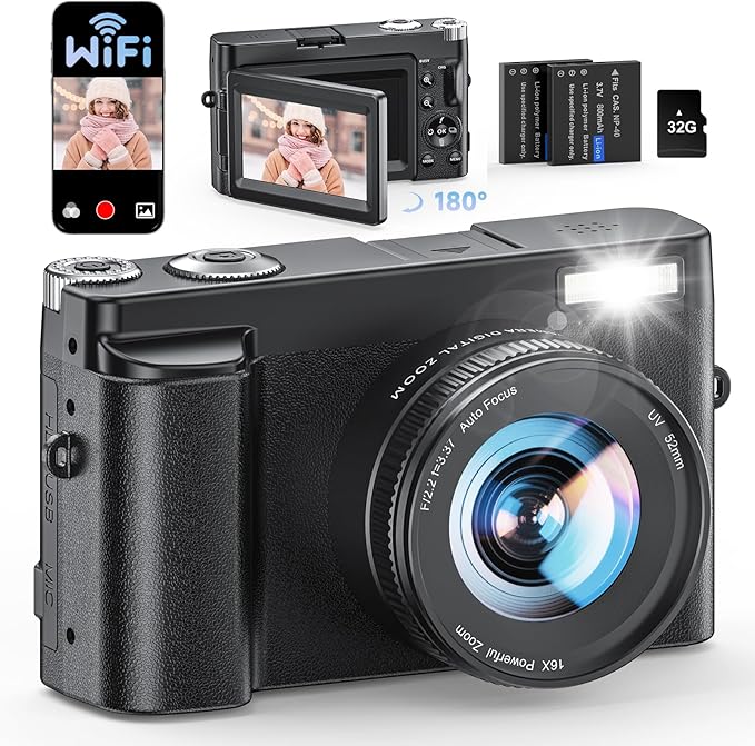 4K Digital Camera for Photography, WiFi Autofocus 64MP Vlogging Camera for YouTube, 180° 3" Flip Screen 30FPS Video Cameras with Flash Anti-Shake 16X Zoom 32GB Card, Compact Travel Digital Camera